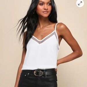 White V-Neck Mesh Trim Spaghetti Strap Tank Top